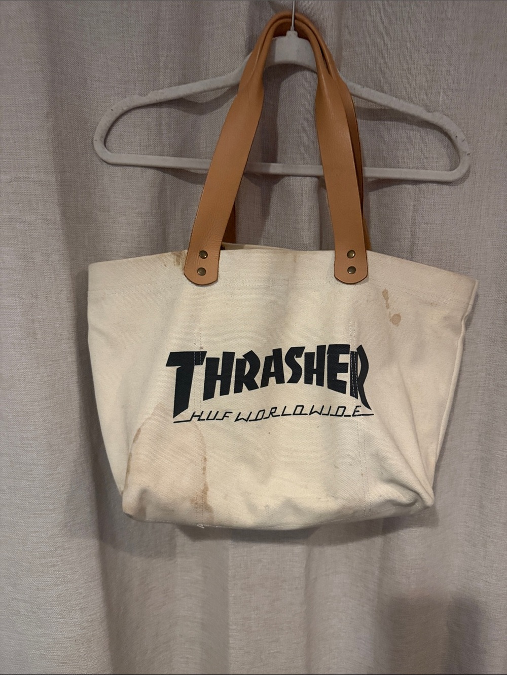 Thrasher Canvas Tote with Tan Leather Handles - Cream and Tan